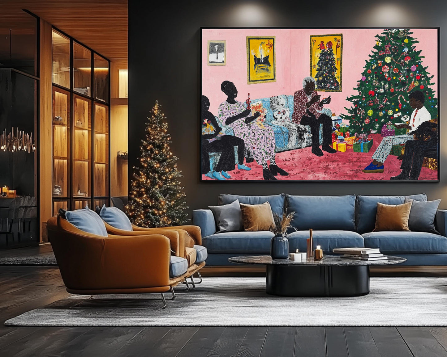 Christmas Canvas Print - Black Family Holiday Scene for Living Room Decor - MoomZee Artwork -