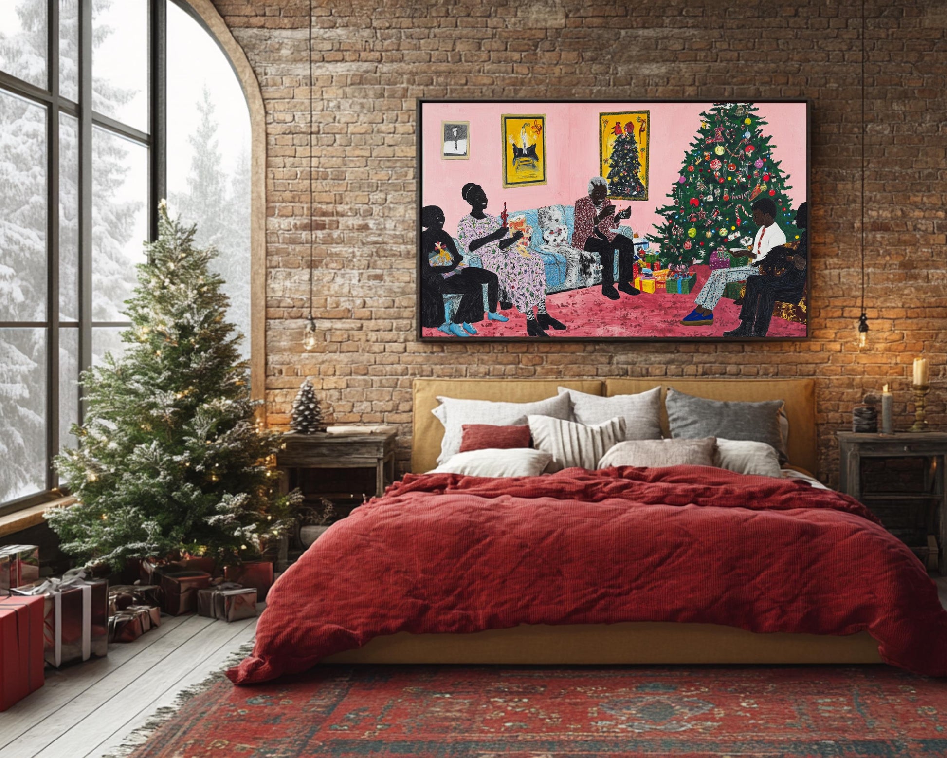 Christmas Canvas Print - Black Family Holiday Scene for Living Room Decor - MoomZee Artwork -