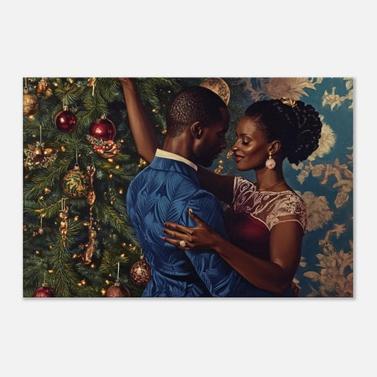 Christmas Canvas Print - Elegant Black Couple Decorates Tree - Holiday Home Decor for Living Room - Perfect Gift for Couples - MoomZee Artwork -