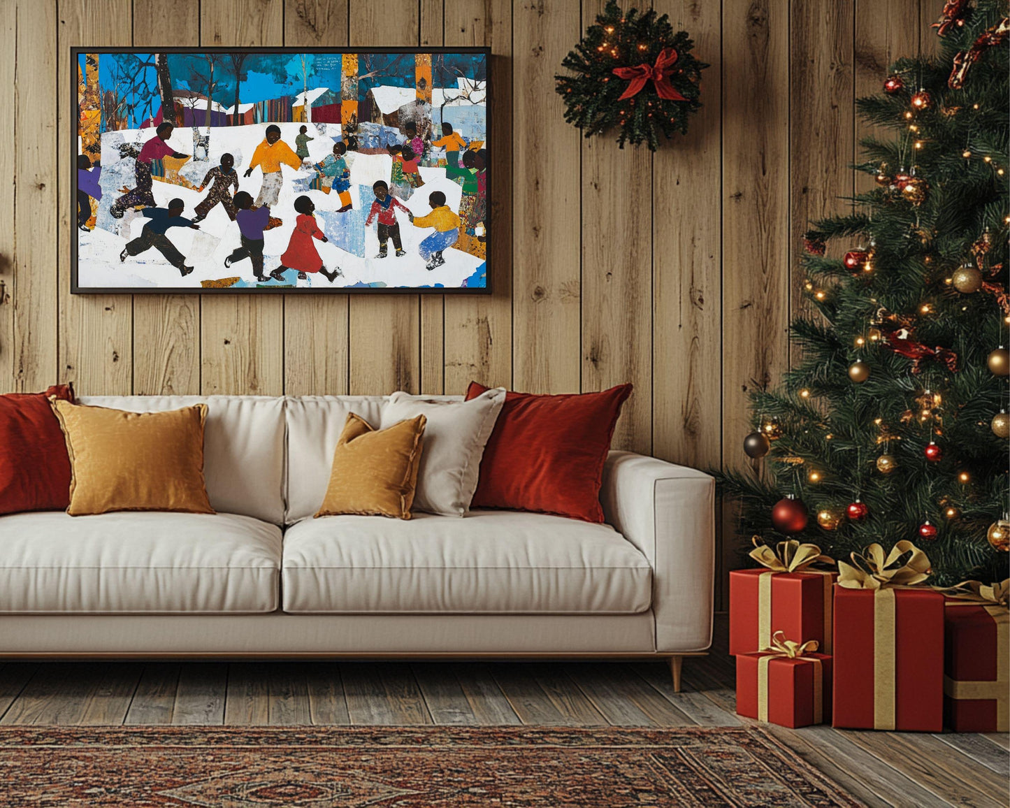 Christmas Canvas Print: Joyful Winter Scenes with Black Children - Kids Room Christmas Decor - MoomZee Artwork -