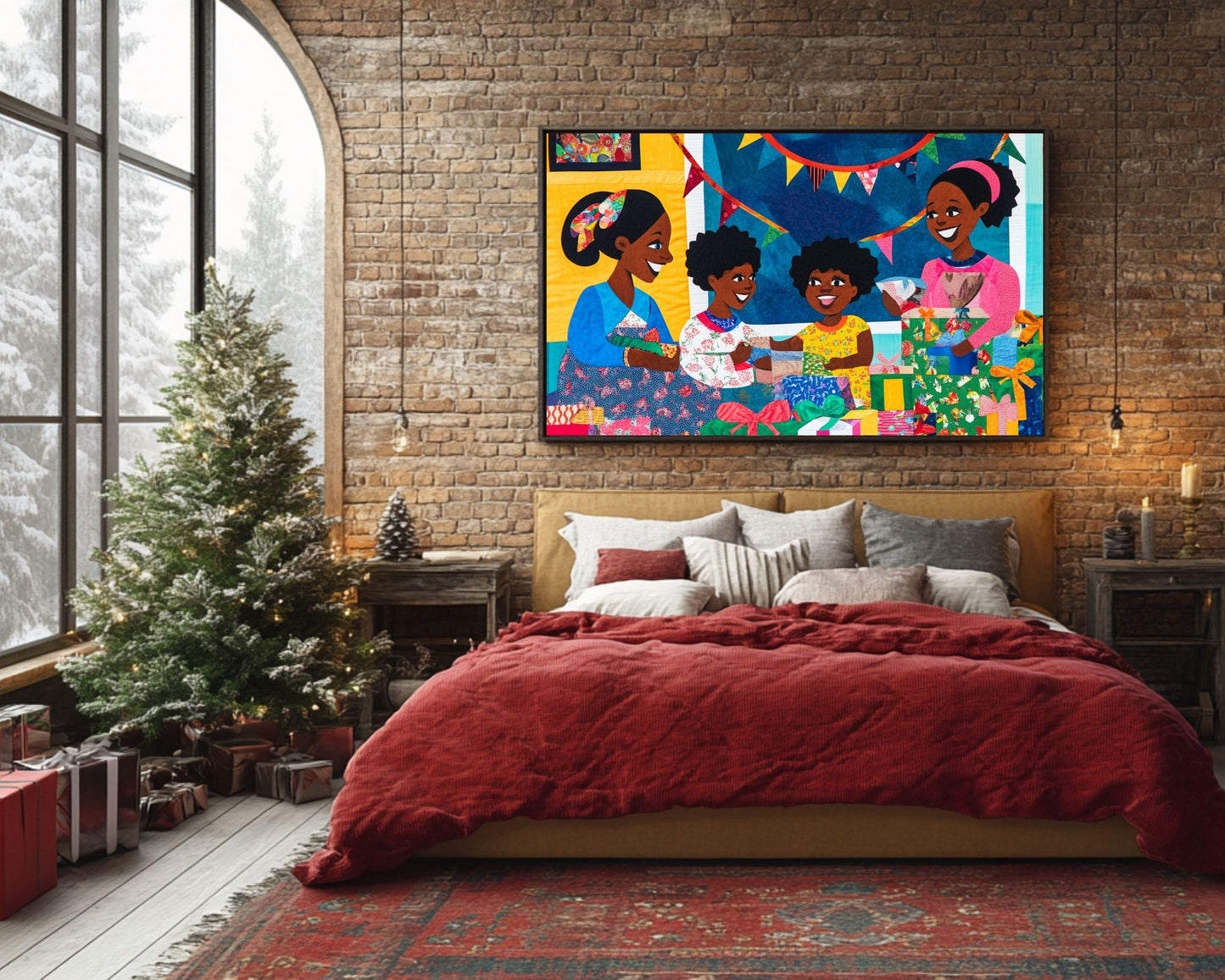 Christmas Morning Family Canvas Print - Festive Quilt-Style Artwork for Holiday Home Decor - MoomZee Artwork -