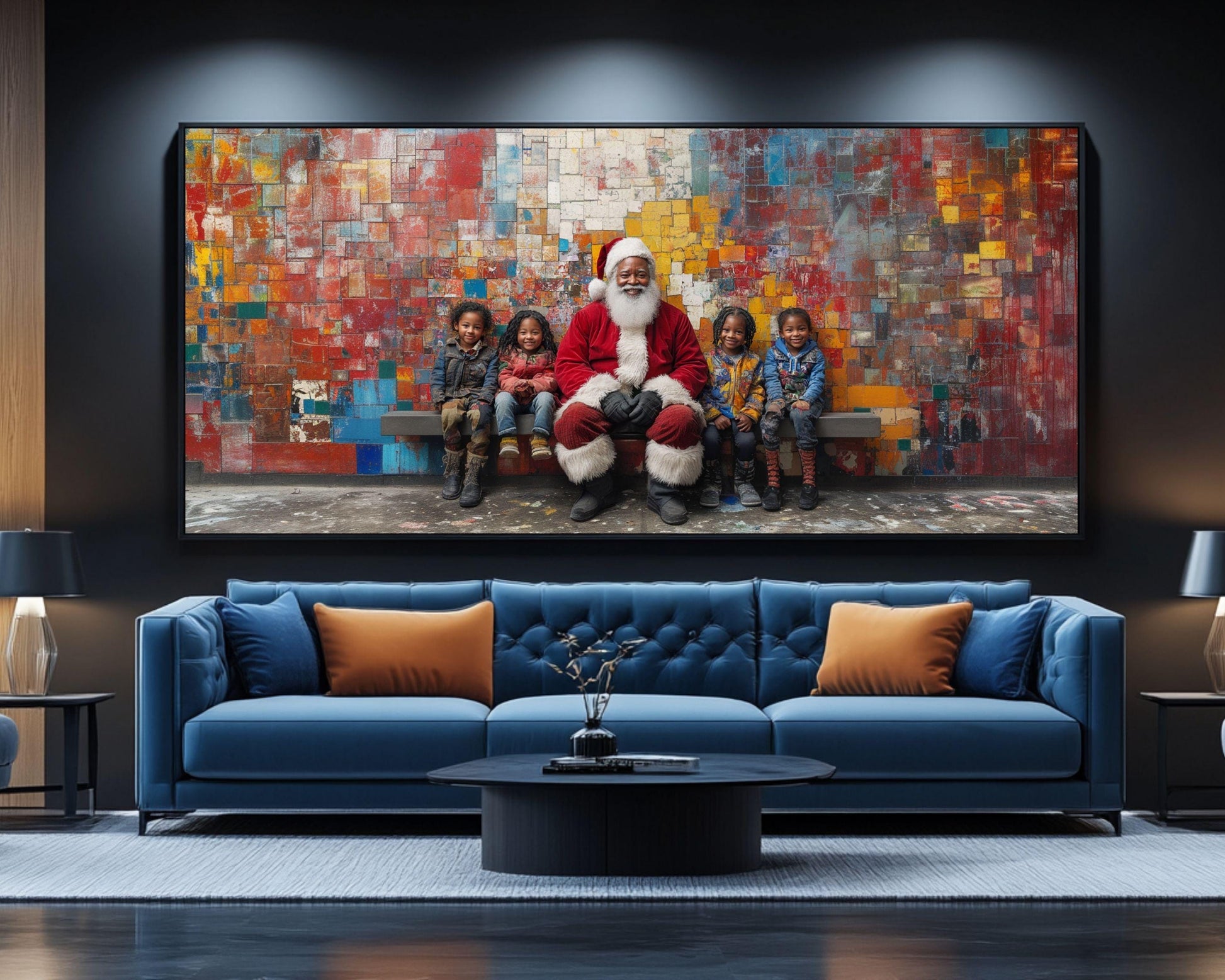 Christmas Mosaic Canvas Print - Black Santa Art for Holiday Decor - MoomZee Artwork -