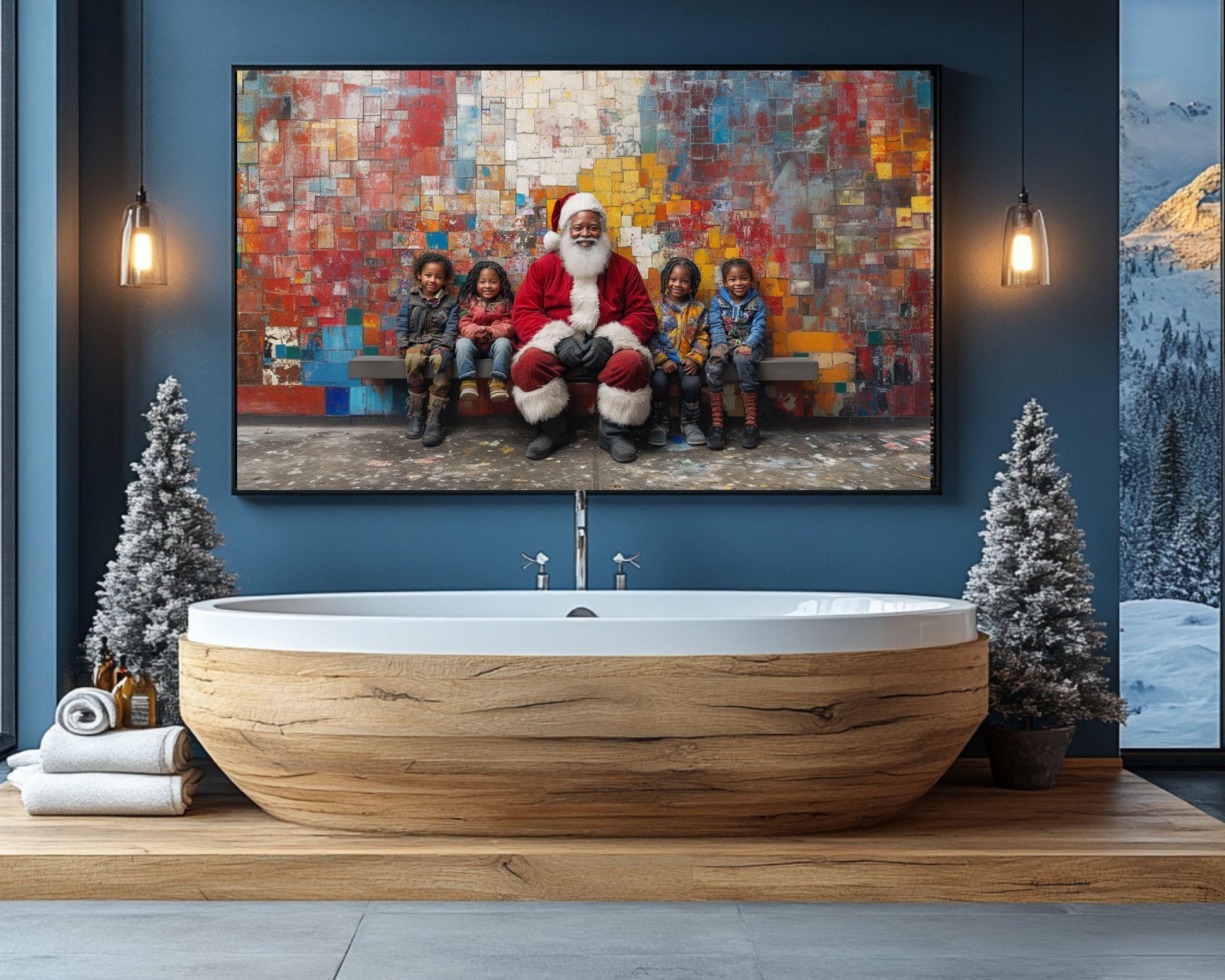 Christmas Mosaic Canvas Print - Black Santa Art for Holiday Decor - MoomZee Artwork -