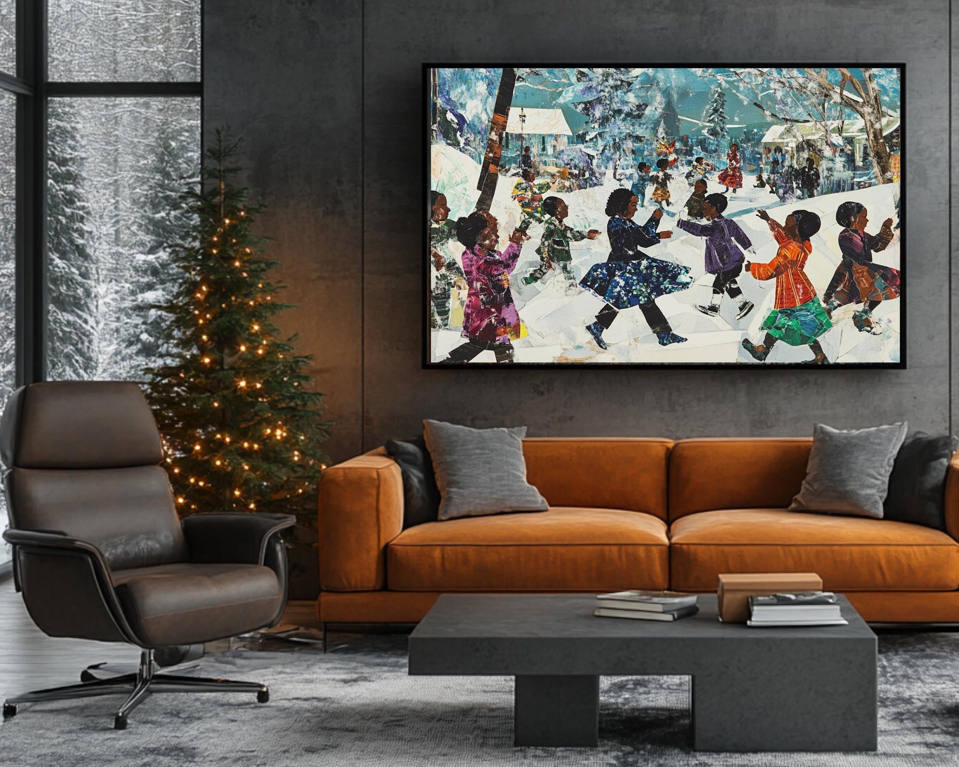 Christmas Snow Day Canvas Print – Black Children Playing in Snow Artwork for Festive Home Decor & Gift - MoomZee Artwork -