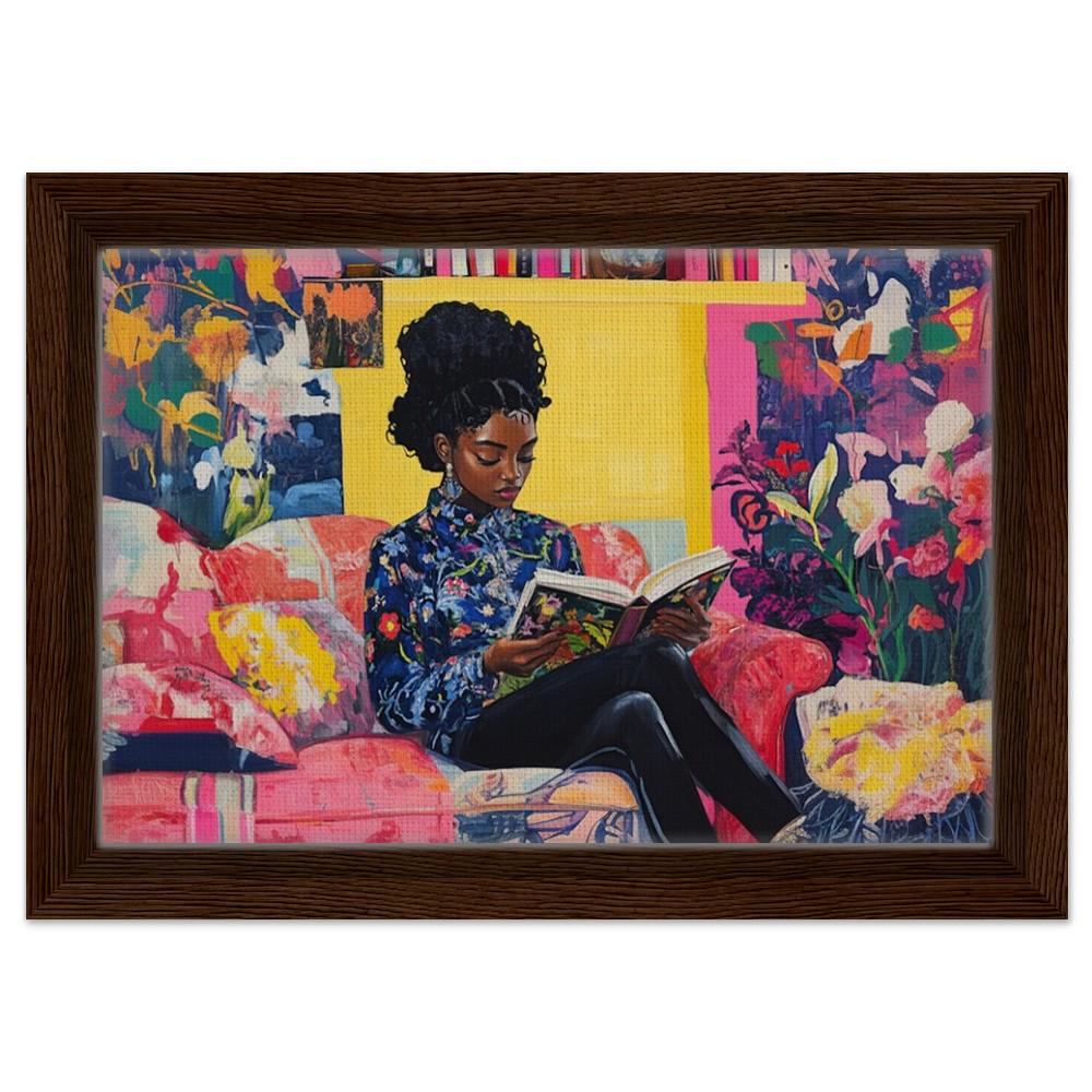 Framed Canvas Art - Black Woman Reading - Vibrant Interior Decor for Living Room & Library - MoomZee Artwork -