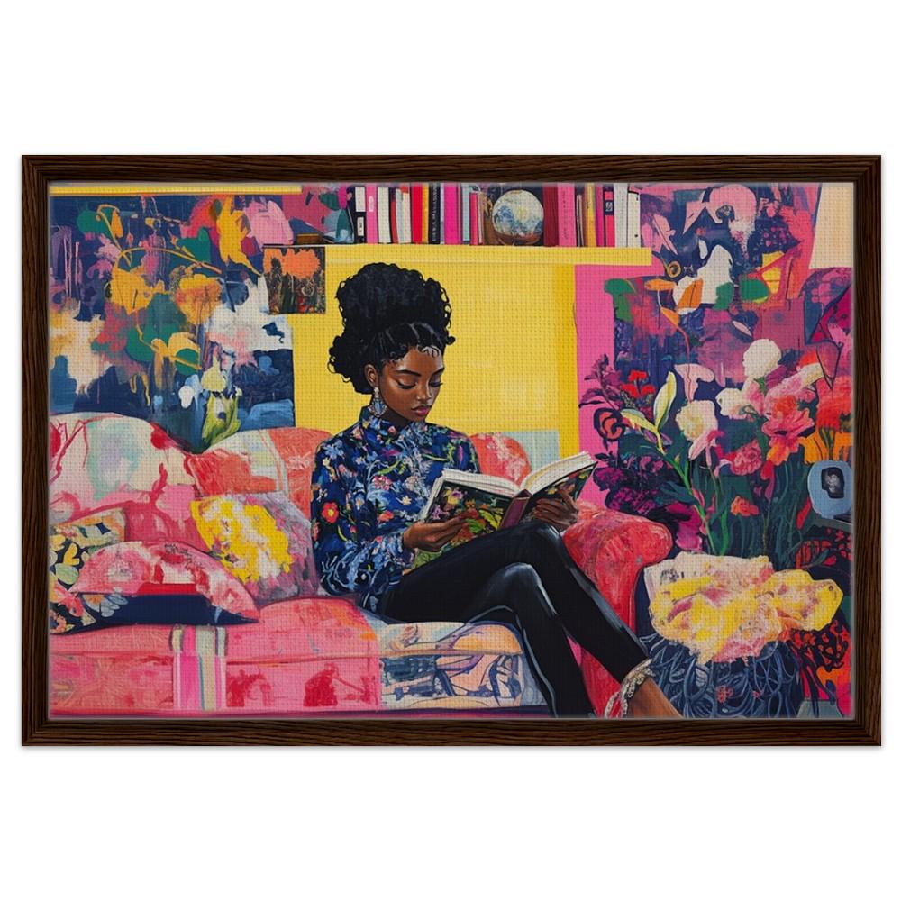 Framed Canvas Art - Black Woman Reading - Vibrant Interior Decor for Living Room & Library - MoomZee Artwork -