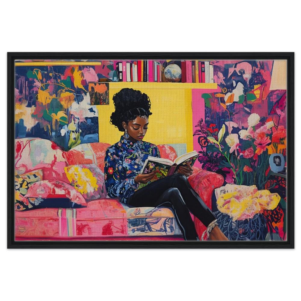 Framed Canvas Art - Black Woman Reading - Vibrant Interior Decor for Living Room & Library - MoomZee Artwork -