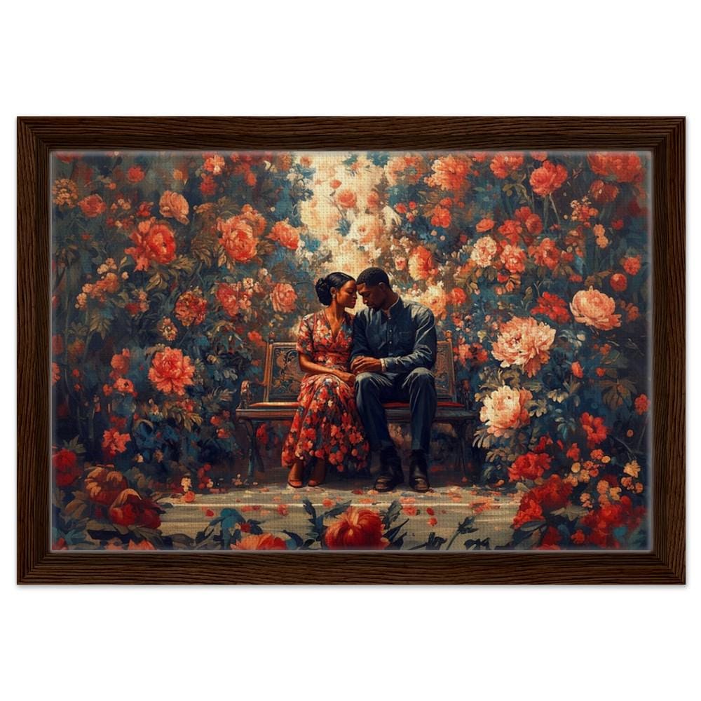 Framed Canvas Art - Romantic Black Couple with Vibrant Floral Setting | Perfect for Living Room or Bedroom Decor - MoomZee Artwork -