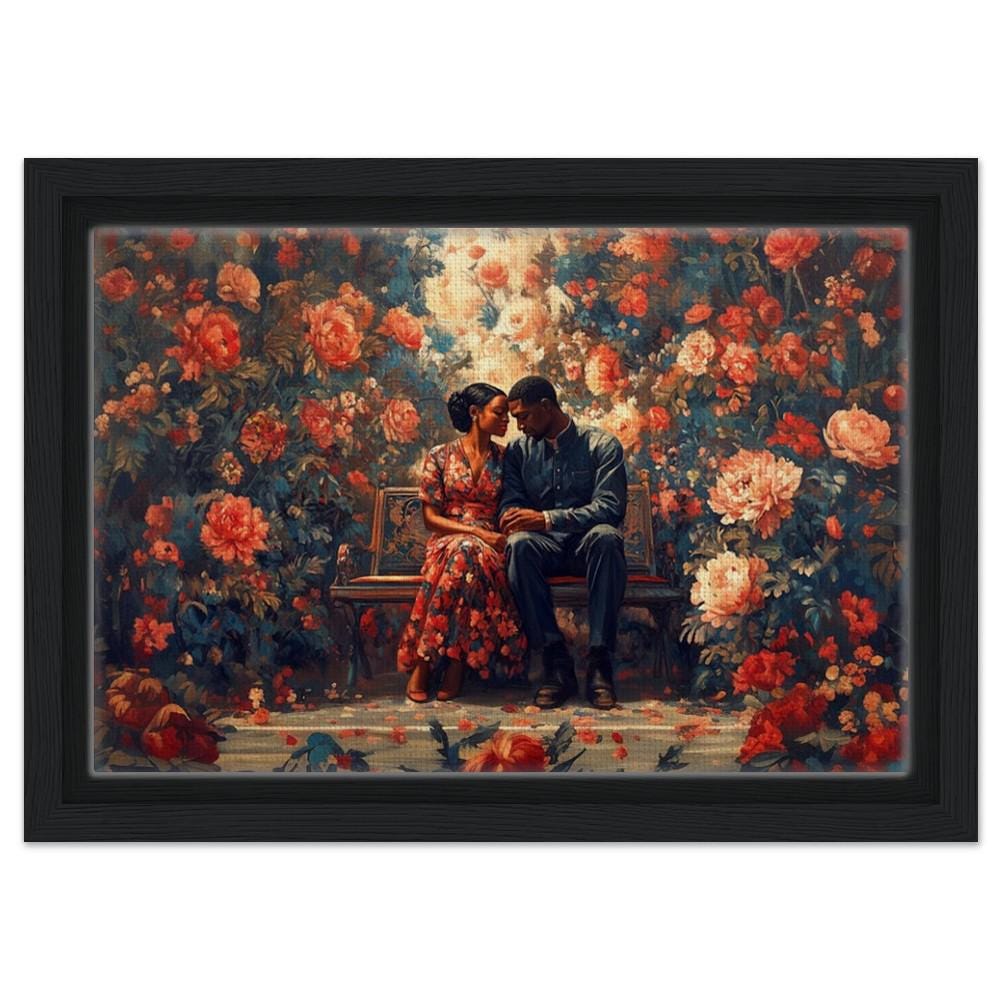 Framed Canvas Art - Romantic Black Couple with Vibrant Floral Setting | Perfect for Living Room or Bedroom Decor - MoomZee Artwork -