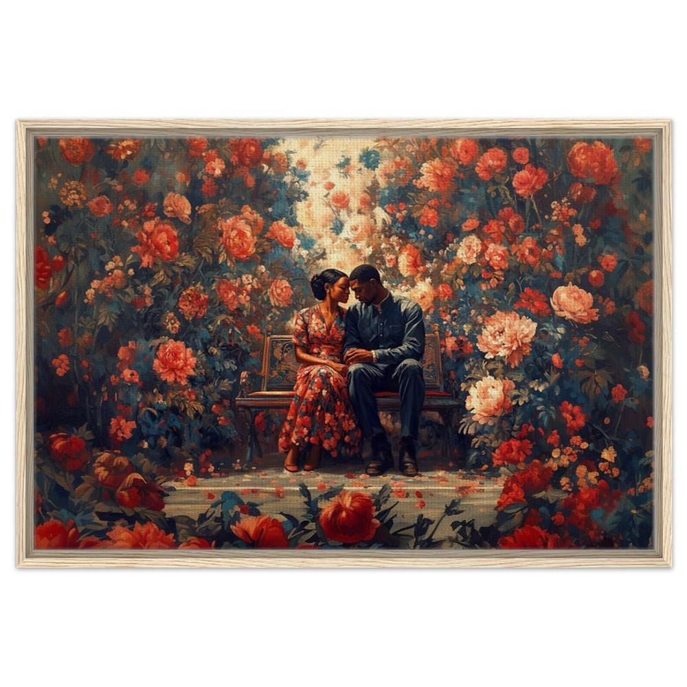 Framed Canvas Art - Romantic Black Couple with Vibrant Floral Setting | Perfect for Living Room or Bedroom Decor - MoomZee Artwork -