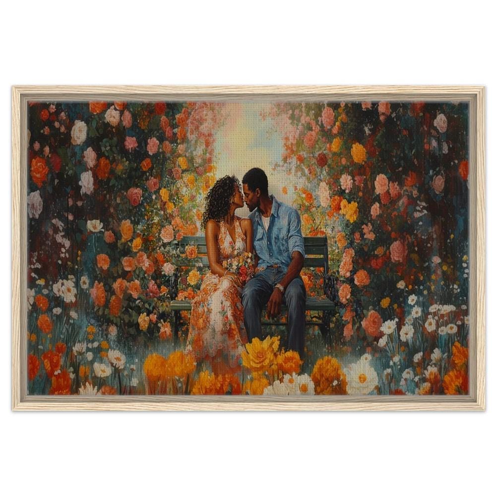 Framed Canvas Print - Black Couple Garden Romance Art, Bedroom & Living Room Decor - MoomZee Artwork -