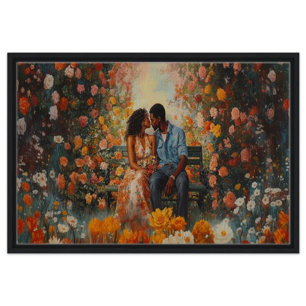 Framed Canvas Print - Black Couple Garden Romance Art, Bedroom & Living Room Decor - MoomZee Artwork -