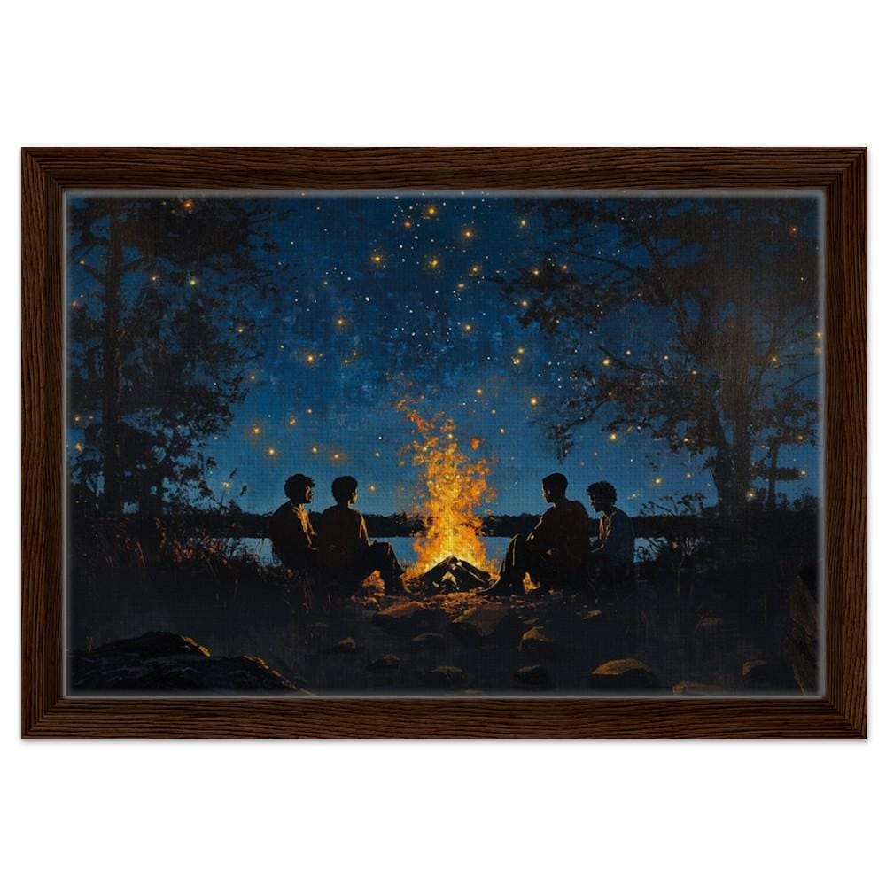 Framed Canvas Print Black Family Campfire Art - Living Room Decor for Family & Nature Lovers - MoomZee Artwork -