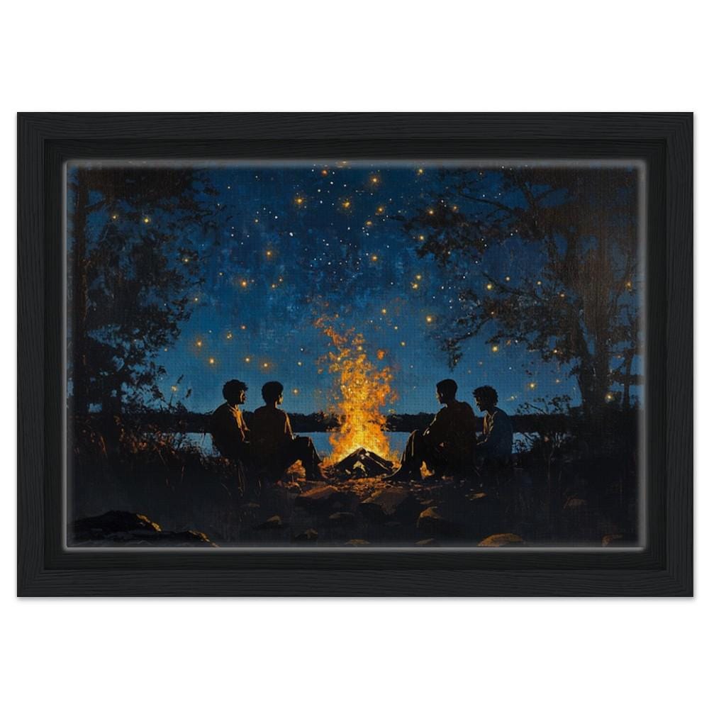 Framed Canvas Print Black Family Campfire Art - Living Room Decor for Family & Nature Lovers - MoomZee Artwork -