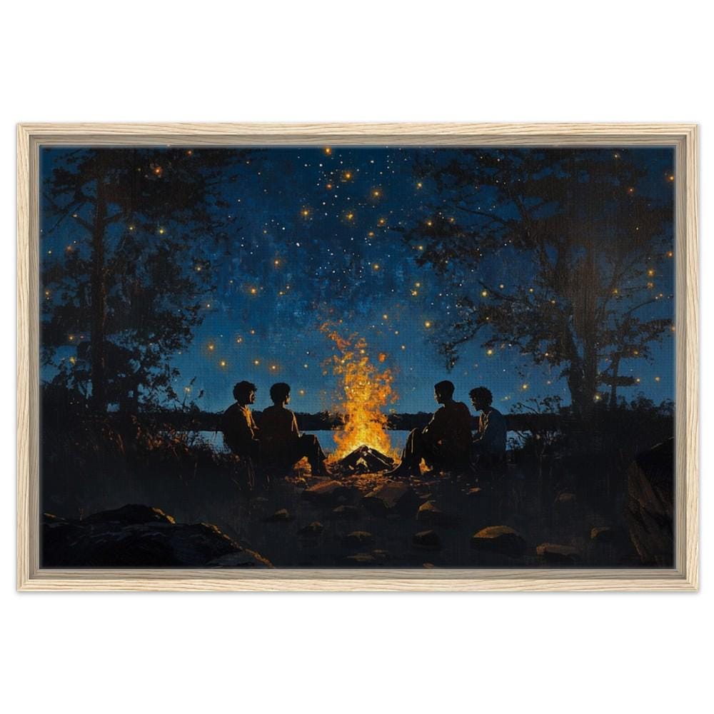 Framed Canvas Print Black Family Campfire Art - Living Room Decor for Family & Nature Lovers - MoomZee Artwork -