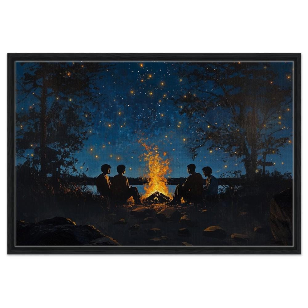 Framed Canvas Print Black Family Campfire Art - Living Room Decor for Family & Nature Lovers - MoomZee Artwork -