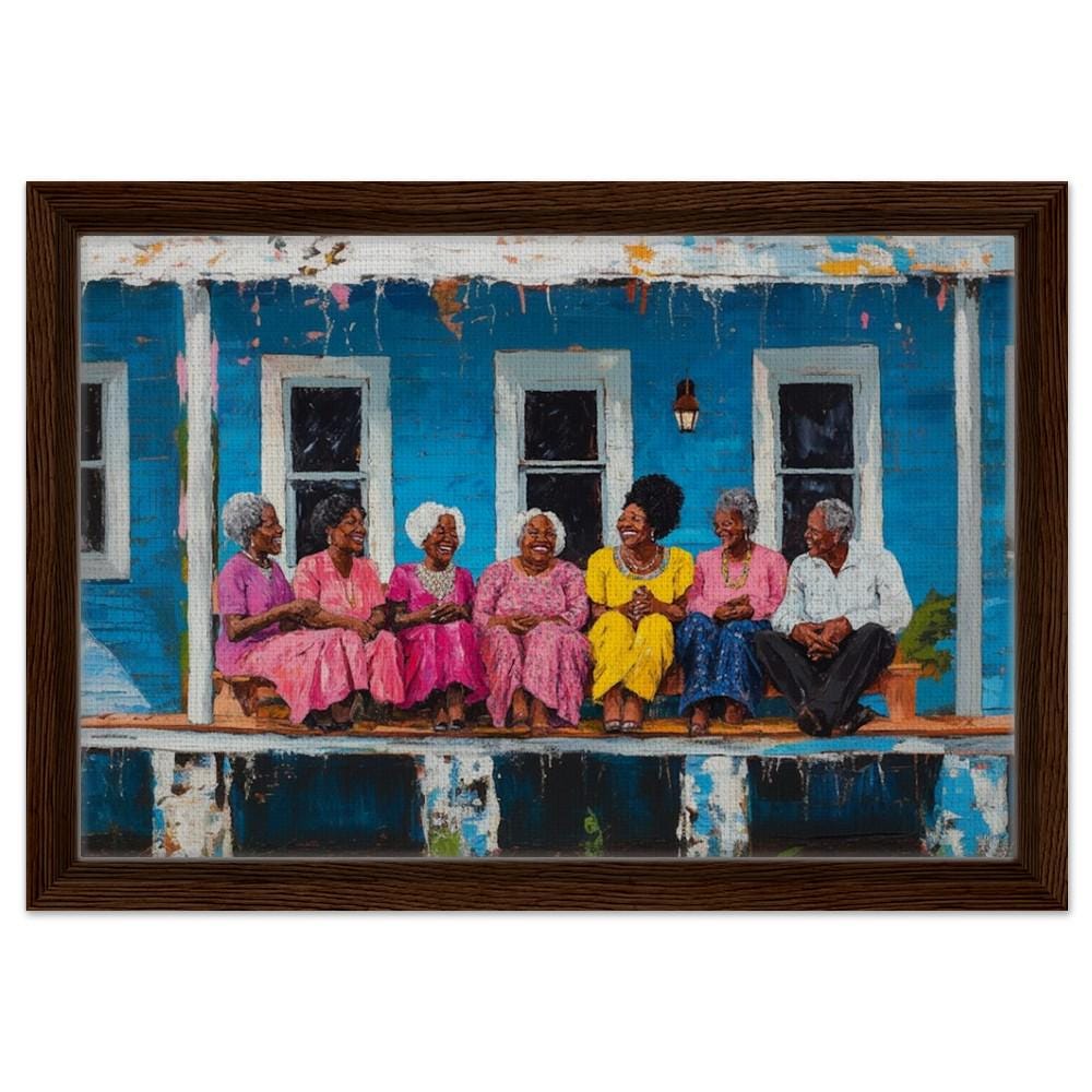 Framed Canvas Print: Multigenerational Black Family Porch Gathering – Celebrating Family & Tradition, Perfect for Living Room Decor - MoomZee Artwork -