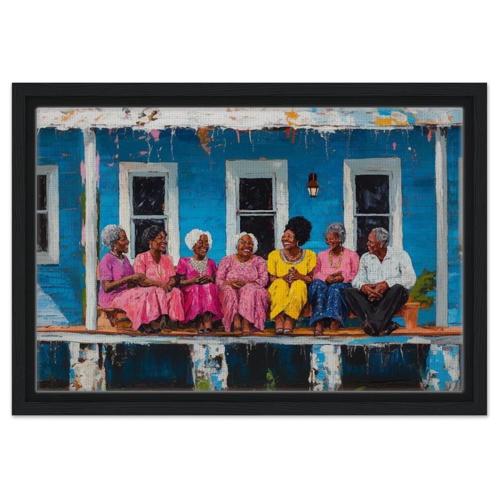 Framed Canvas Print: Multigenerational Black Family Porch Gathering – Celebrating Family & Tradition, Perfect for Living Room Decor - MoomZee Artwork -