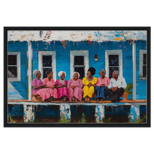 Framed Canvas Print: Multigenerational Black Family Porch Gathering – Celebrating Family & Tradition, Perfect for Living Room Decor - MoomZee Artwork -