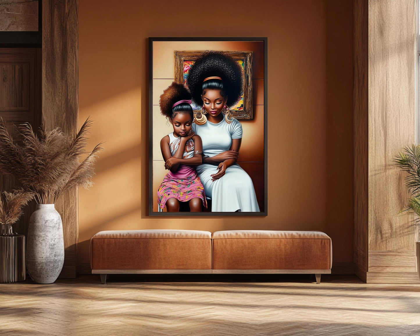 Mother and Daughter in Salon | African American Art | Black Family Bond Canvas Print | Melanin Wall Art | Modern Home Decor - MoomZee Artwork -