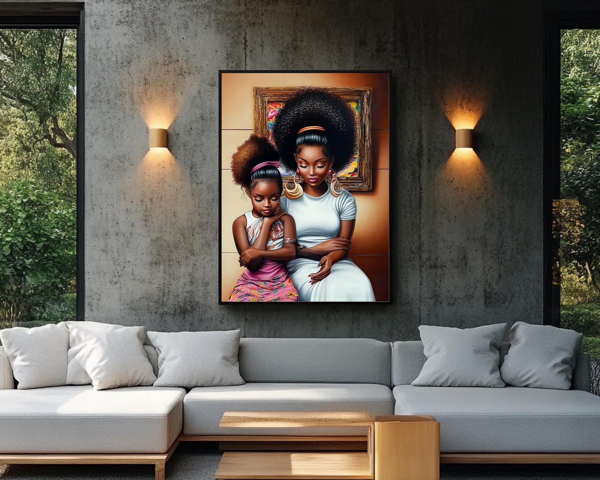 Mother and Daughter in Salon | African American Art | Black Family Bond Canvas Print | Melanin Wall Art | Modern Home Decor - MoomZee Artwork -