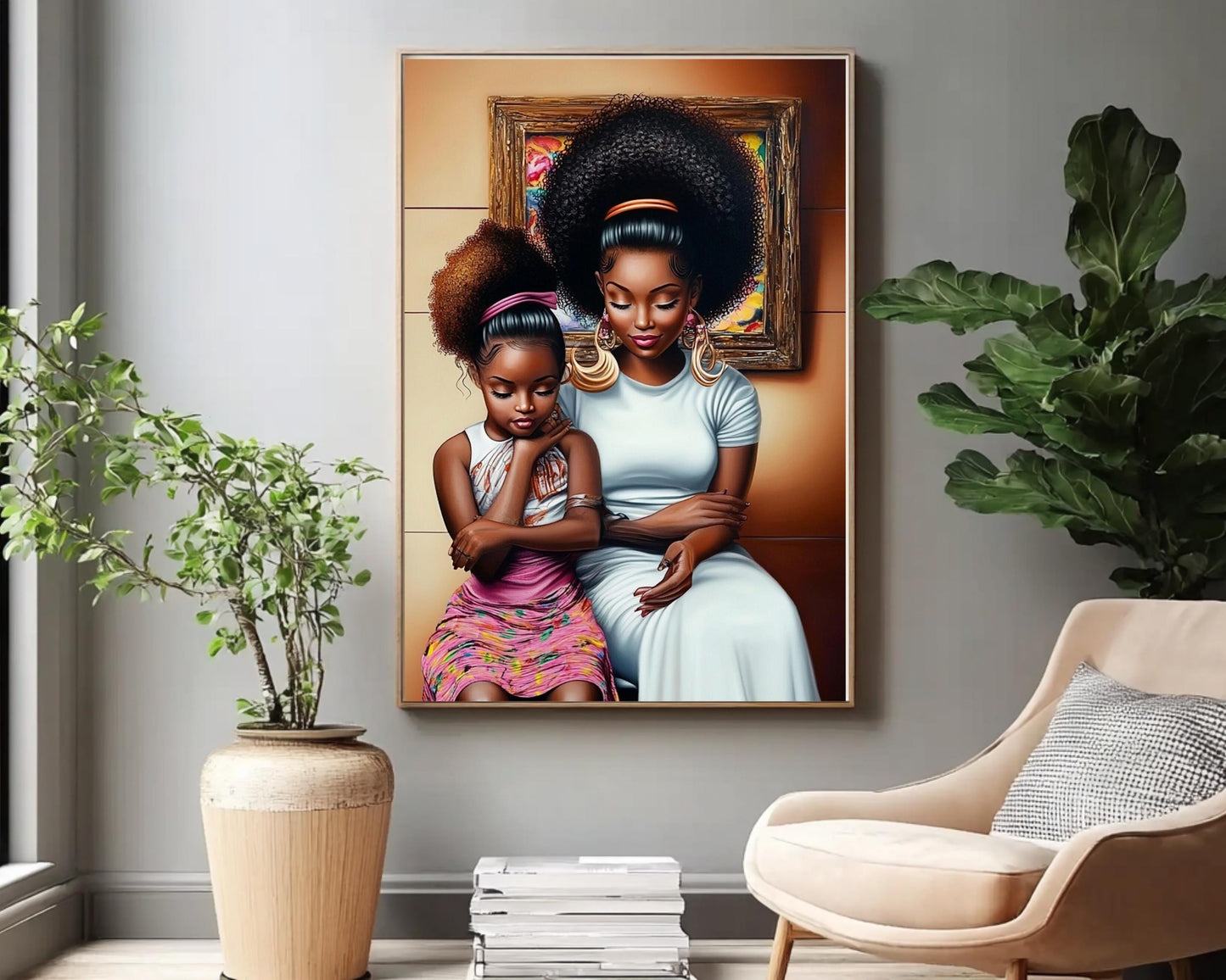 Mother and Daughter in Salon | African American Art | Black Family Bond Canvas Print | Melanin Wall Art | Modern Home Decor - MoomZee Artwork -