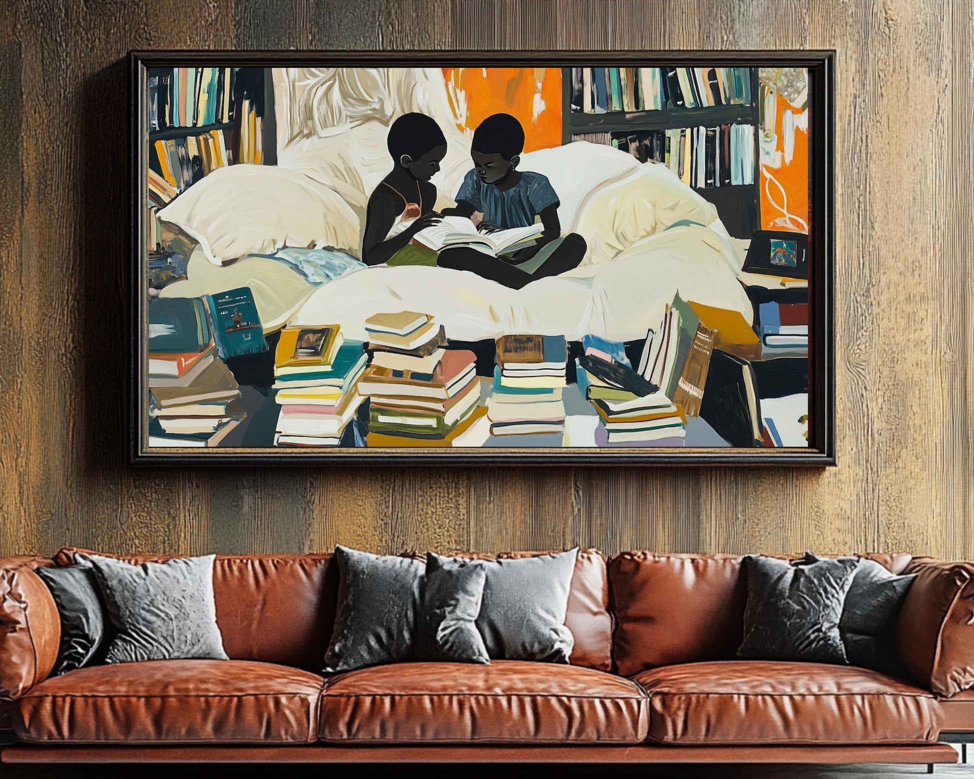 Reading Siblings Canvas Print – Cozy Home Library Decor for Book Lovers - MoomZee Artwork - Posters, Prints, & Visual Artwork