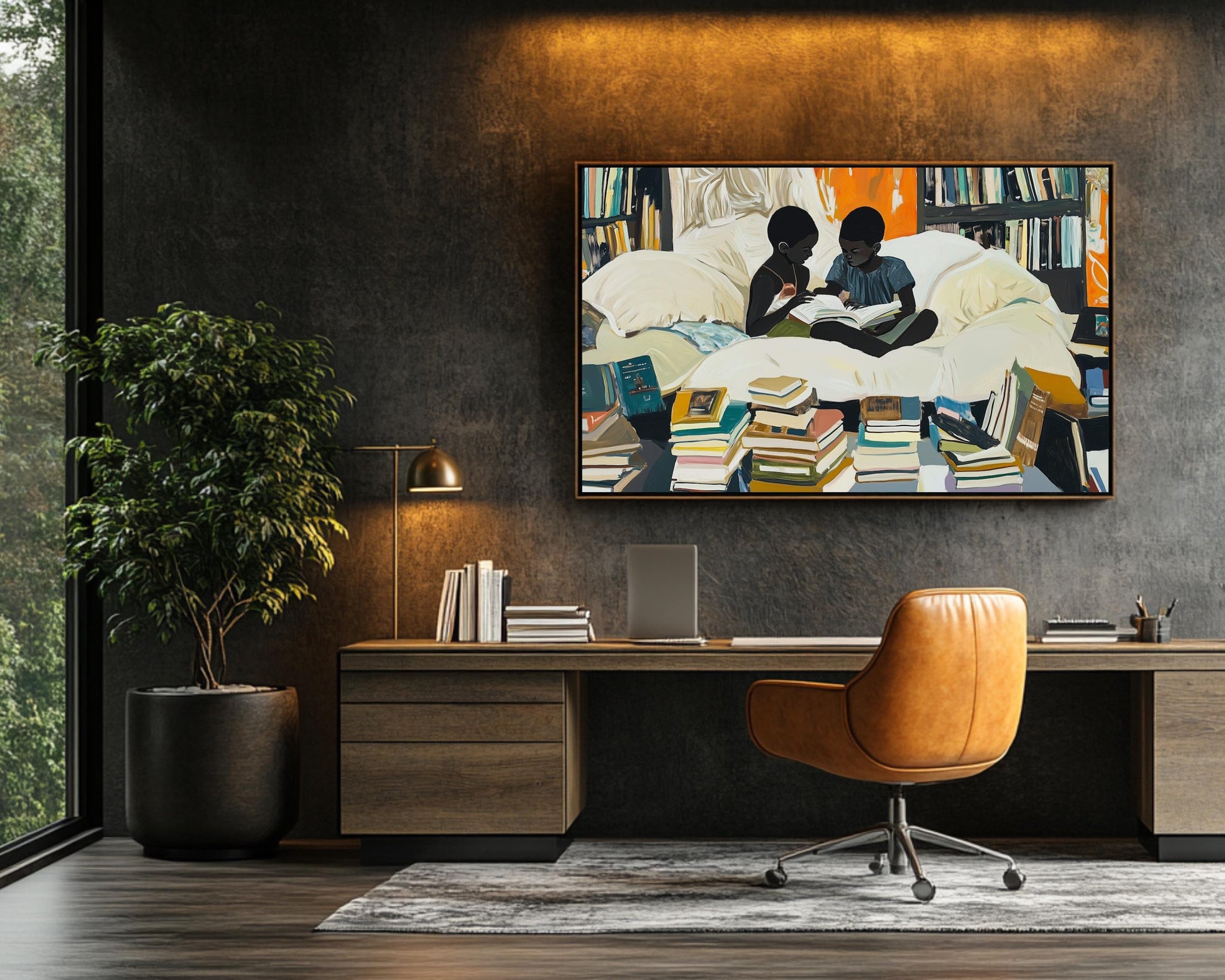 Reading Siblings Canvas Print – Cozy Home Library Decor for Book Lovers - MoomZee Artwork - Posters, Prints, & Visual Artwork