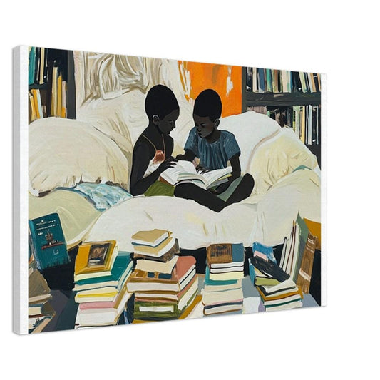 Reading Siblings Canvas Print – Cozy Home Library Decor for Book Lovers - MoomZee Artwork - Posters, Prints, & Visual Artwork