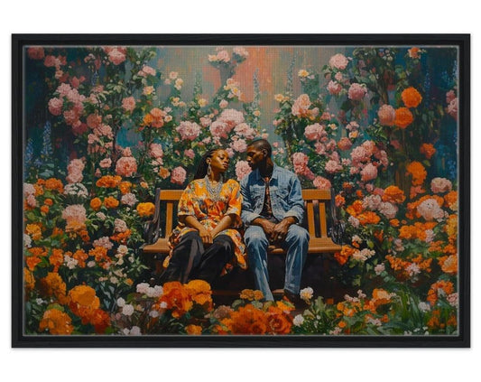 Romantic Black Couple in Floral Garden | African American Love Art | Modern Floral Canvas Print - MoomZee Artwork - Posters, Prints, & Visual Artwork