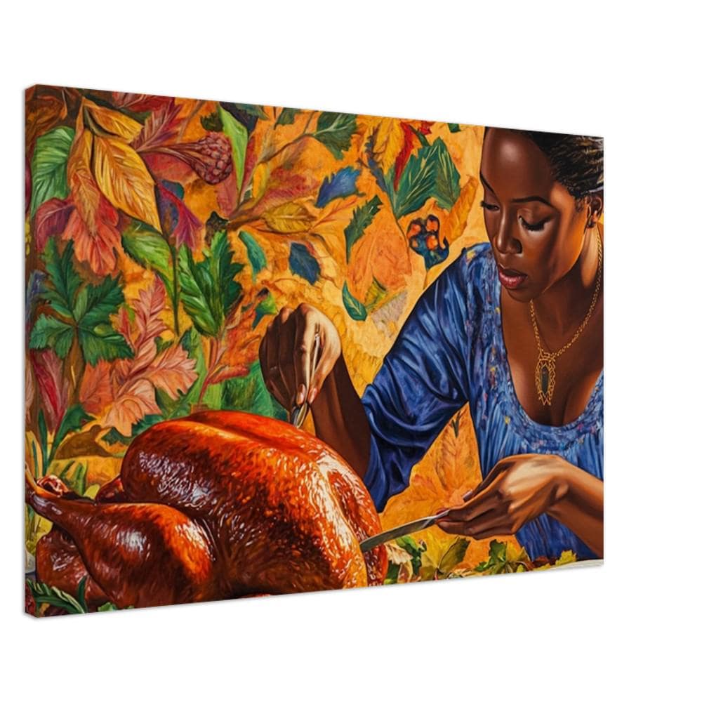 Thanksgiving Canvas Print - Black Mother Carving Turkey - Fall & Holiday Decor - Kitchen & Dining Room Art - MoomZee Artwork -