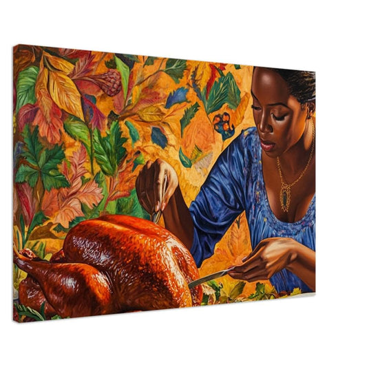 Thanksgiving Canvas Print - Black Mother Carving Turkey - Fall & Holiday Decor - Kitchen & Dining Room Art - MoomZee Artwork -