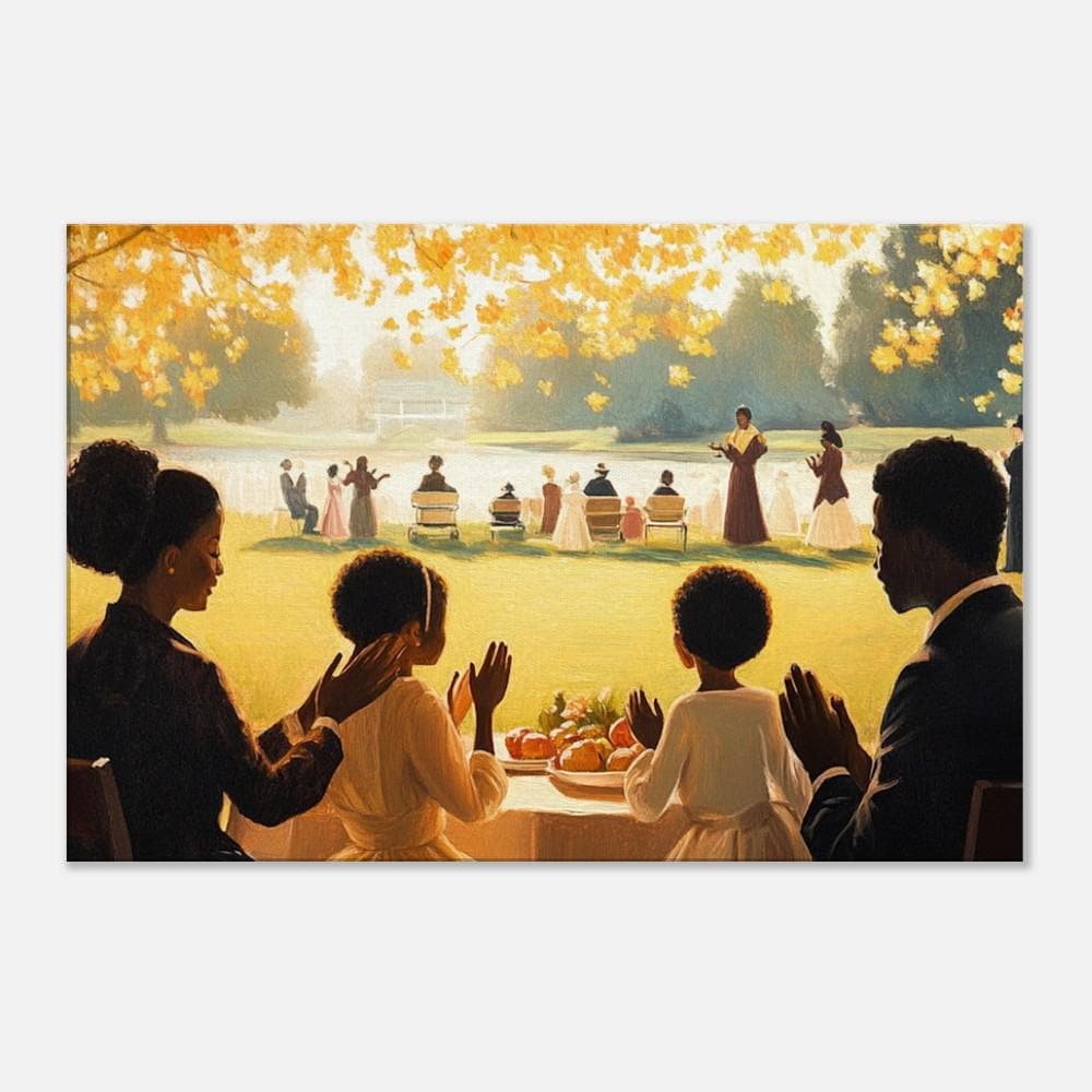 Thanksgiving Family Canvas Print – Black Family Autumn Decor for Cozy Kids Room & Dining Spaces - MoomZee Artwork -