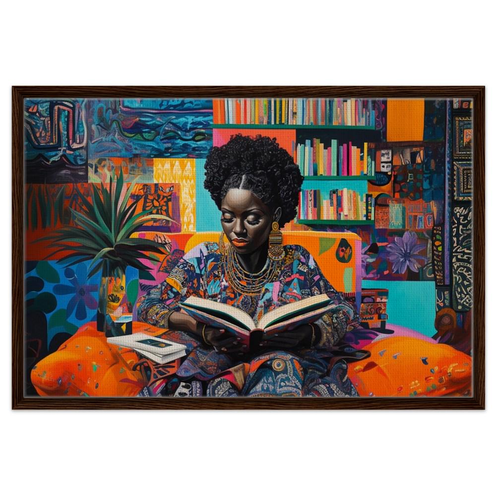 Vibrant Black Woman Reading Canvas Print – Cultural Art for Living Room & Reading Nook Decor - MoomZee Artwork -