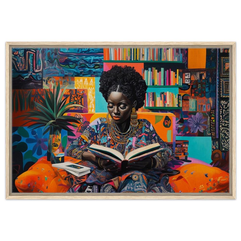 Vibrant Black Woman Reading Canvas Print – Cultural Art for Living Room & Reading Nook Decor - MoomZee Artwork -