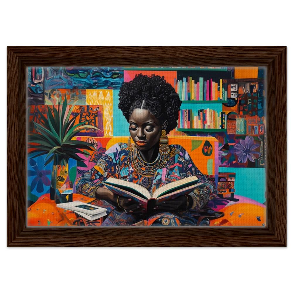 Vibrant Black Woman Reading Canvas Print – Cultural Art for Living Room & Reading Nook Decor - MoomZee Artwork -