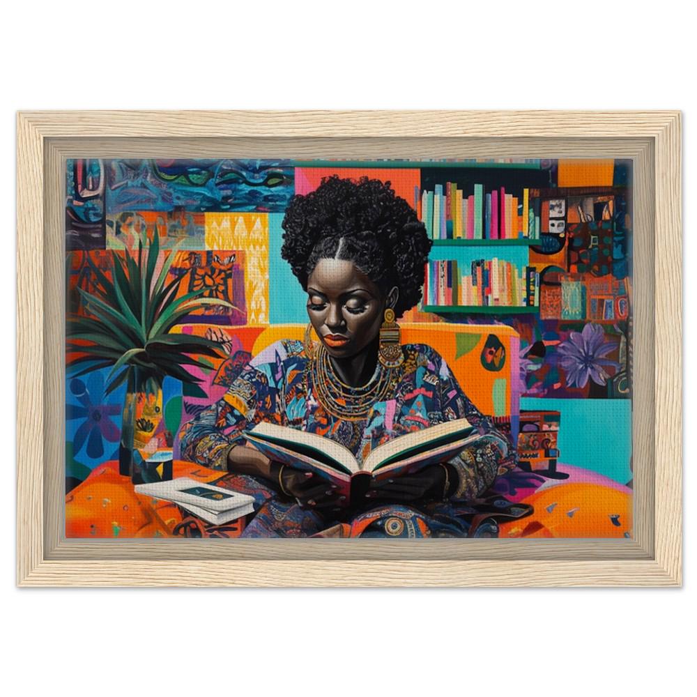 Vibrant Black Woman Reading Canvas Print – Cultural Art for Living Room & Reading Nook Decor - MoomZee Artwork -