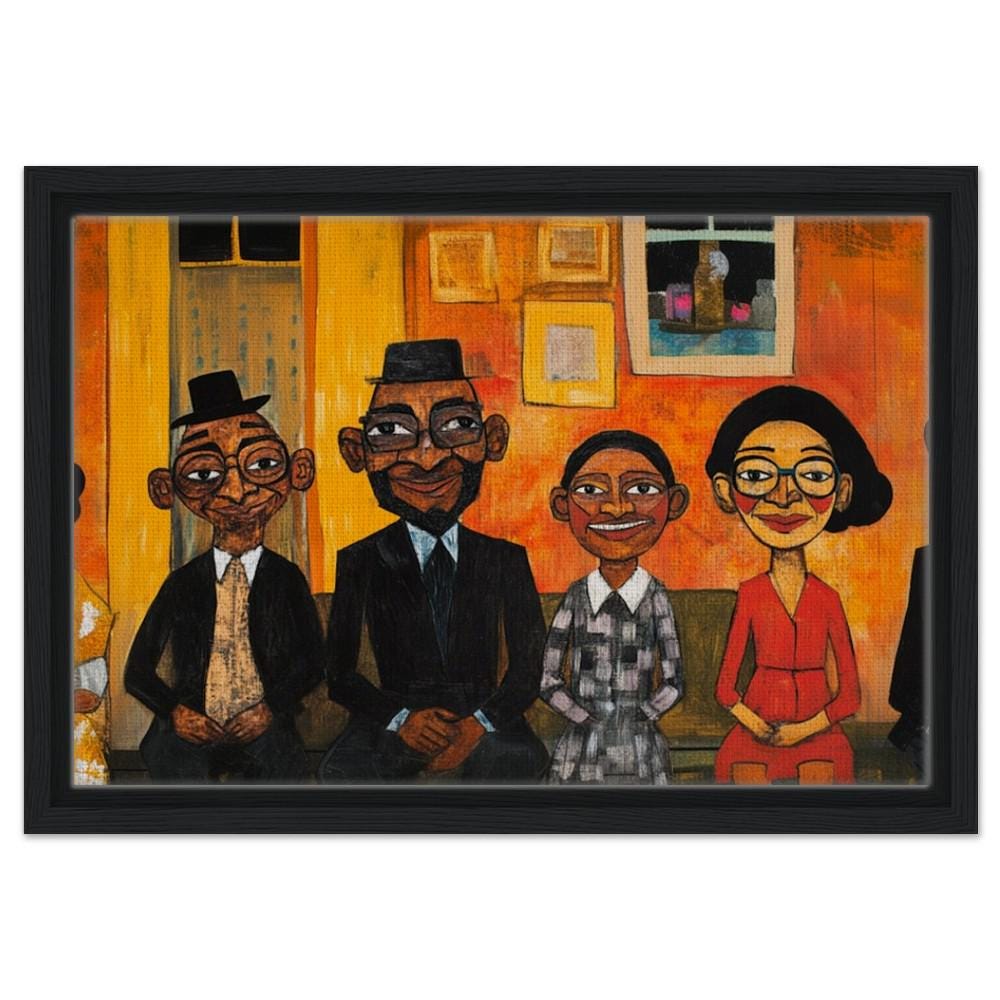 Whimsical Black Family Portrait Giclée Canvas Print - Vibrant Living Room Decor - MoomZee Artwork -