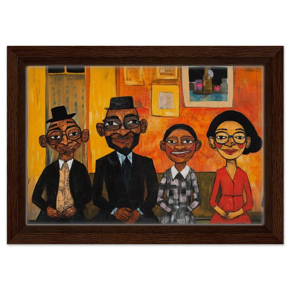 Whimsical Black Family Portrait Giclée Canvas Print - Vibrant Living Room Decor - MoomZee Artwork -