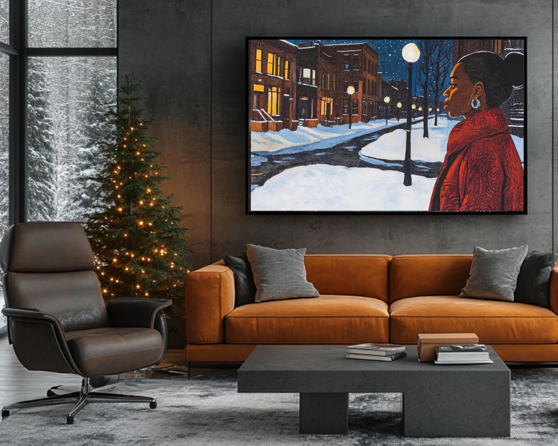 Winter Serenity Canvas Print - Black Woman Snowy Night Scene for Tranquil Home Decor and Gifts - MoomZee Artwork -