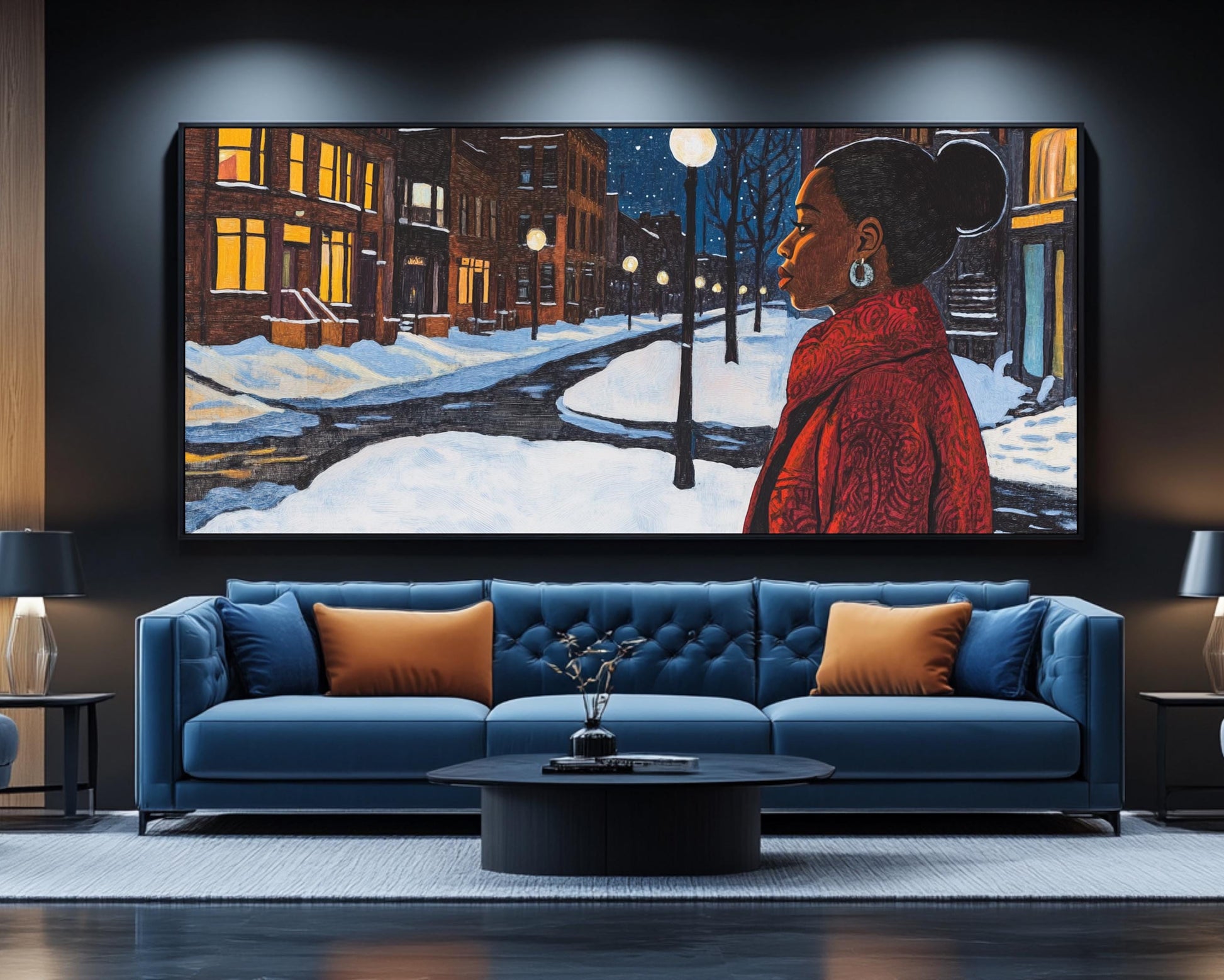 Winter Serenity Canvas Print - Black Woman Snowy Night Scene for Tranquil Home Decor and Gifts - MoomZee Artwork -