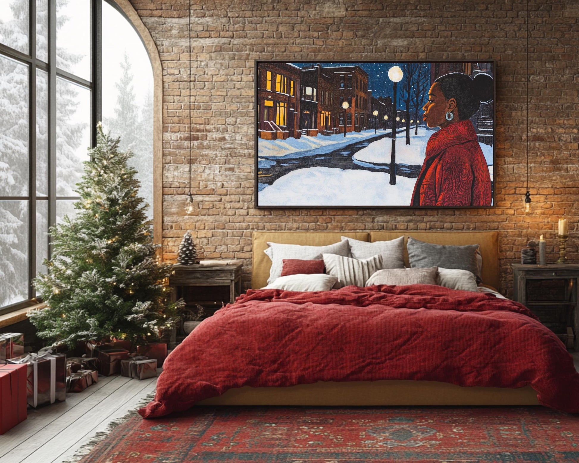 Winter Serenity Canvas Print - Black Woman Snowy Night Scene for Tranquil Home Decor and Gifts - MoomZee Artwork -