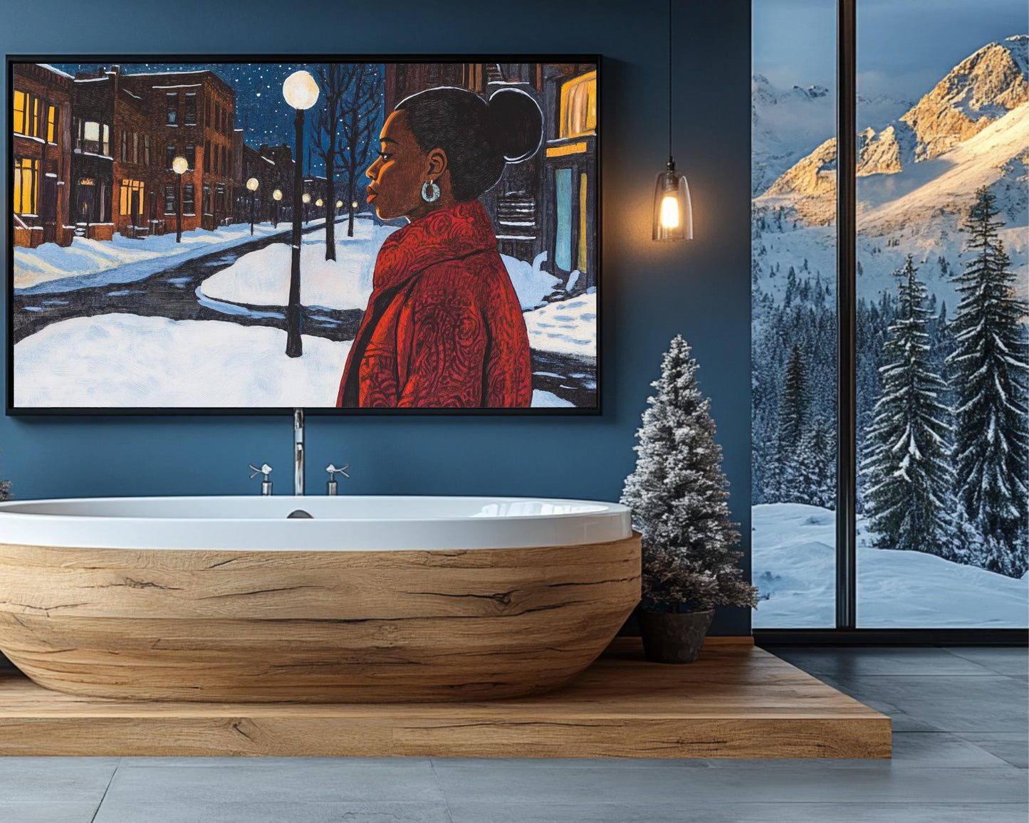 Winter Serenity Canvas Print - Black Woman Snowy Night Scene for Tranquil Home Decor and Gifts - MoomZee Artwork -