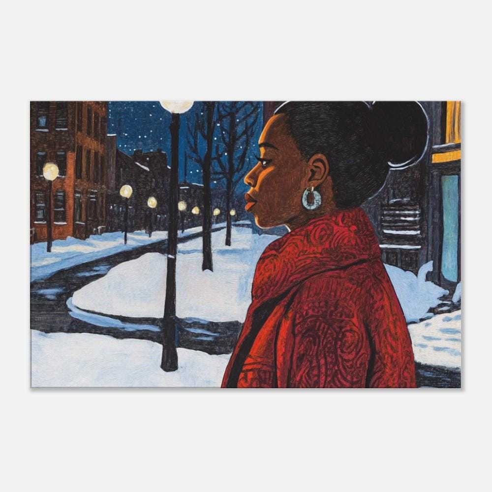 Winter Serenity Canvas Print - Black Woman Snowy Night Scene for Tranquil Home Decor and Gifts - MoomZee Artwork -