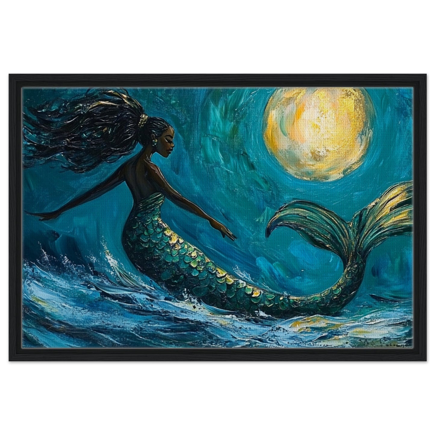 Framed Black Mermaid Canvas – Vibrant Ocean Dance Under Moonlight for Cultural Home Decor - MoomZee Artwork - Posters, Prints, & Visual Artwork