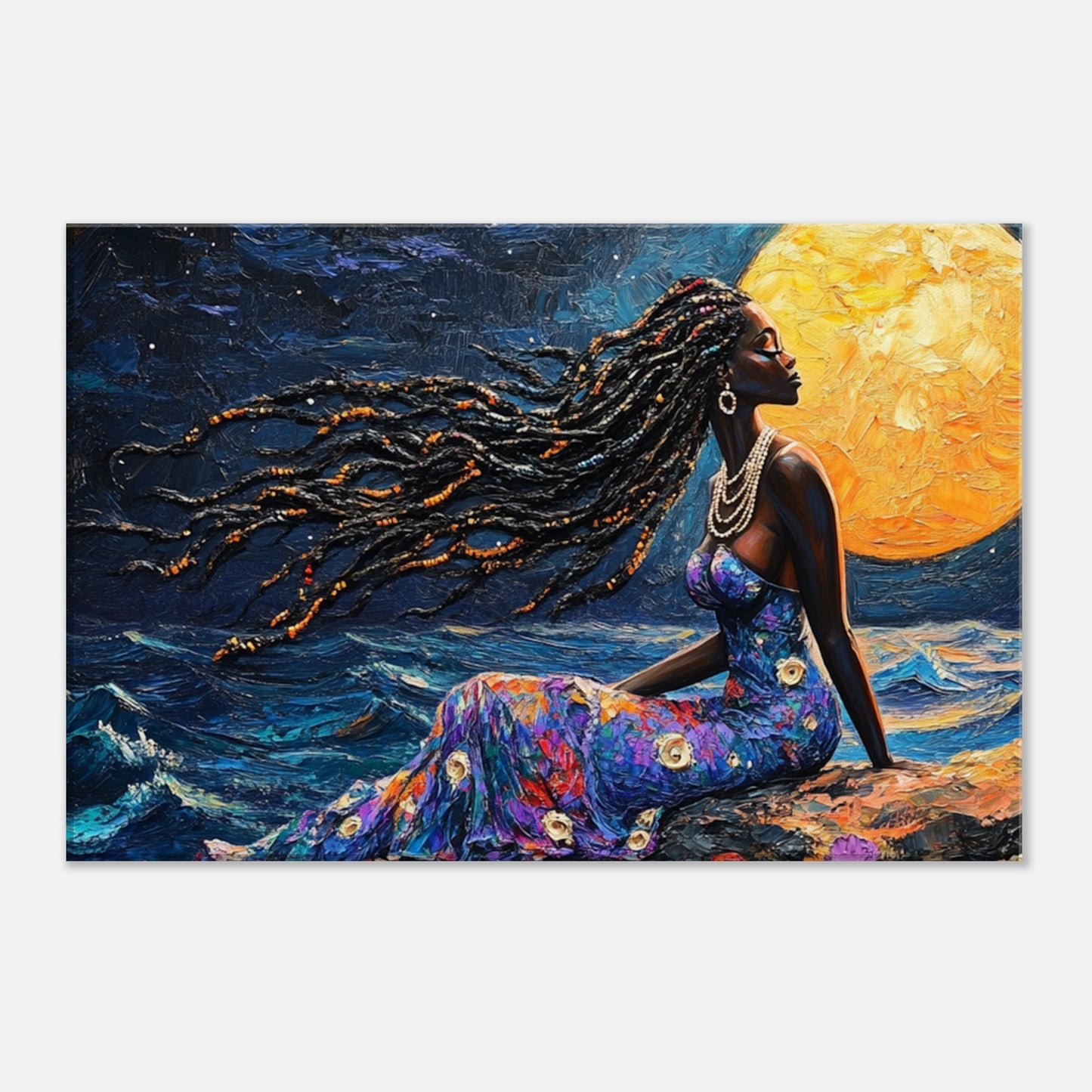 African American Mermaid in Moonlit Ocean | Enchanting Black Mermaid Art Print | Caribbean-Inspired Wall Decor - MoomZee Artwork - Posters, Prints, & Visual Artwork