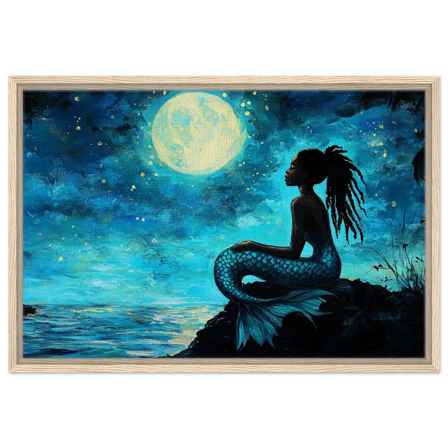 Serene Black Mermaid Under Moonlight - Framed Canvas Art - MoomZee Artwork - Posters, Prints, & Visual Artwork