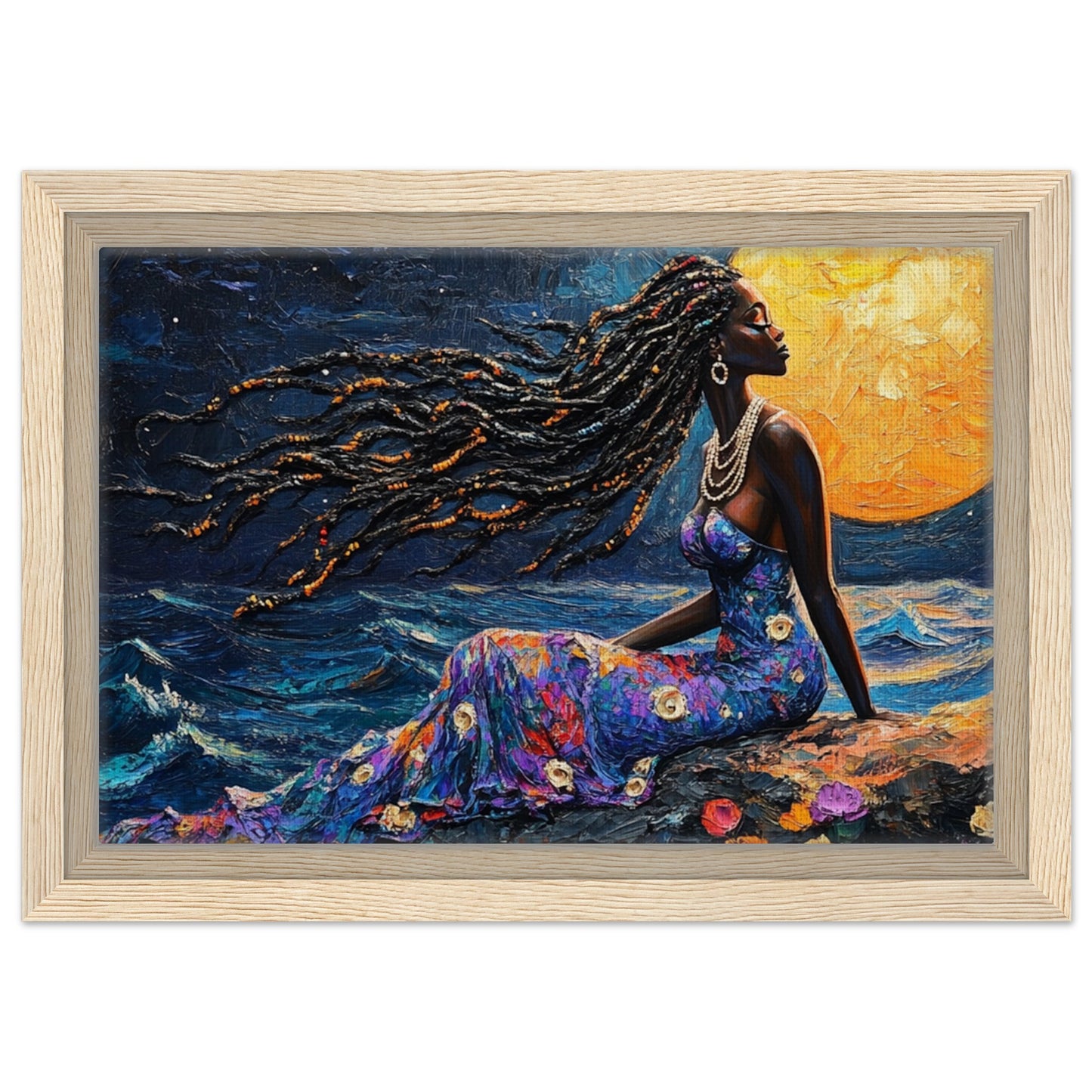 Empowering Black Woman in Moonlit Serenity - Framed Canvas Art for Cultural Pride and Home Elegance - MoomZee Artwork - Print Material