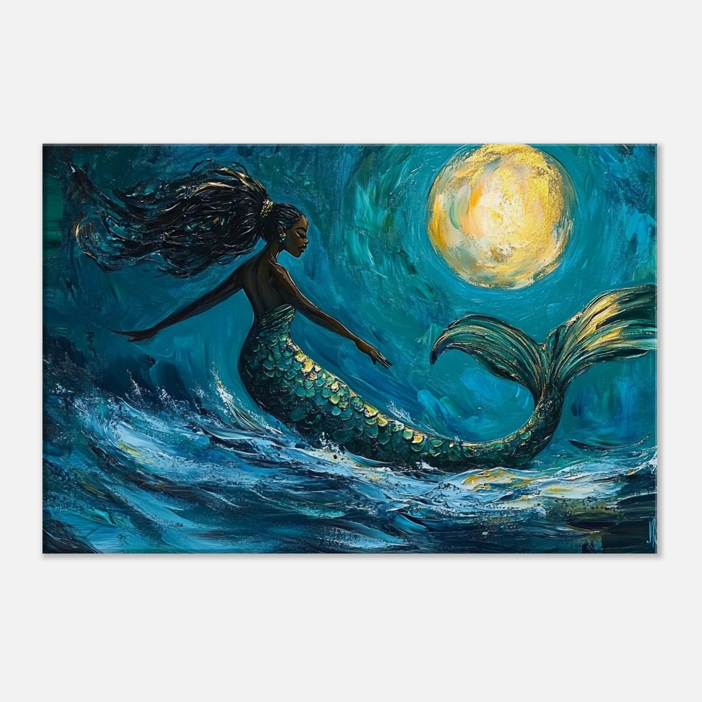 Black Mermaid Canvas Print – Ocean Dance Under Moonlight for Inspiring Home Decor - MoomZee Artwork - Posters, Prints, & Visual Artwork