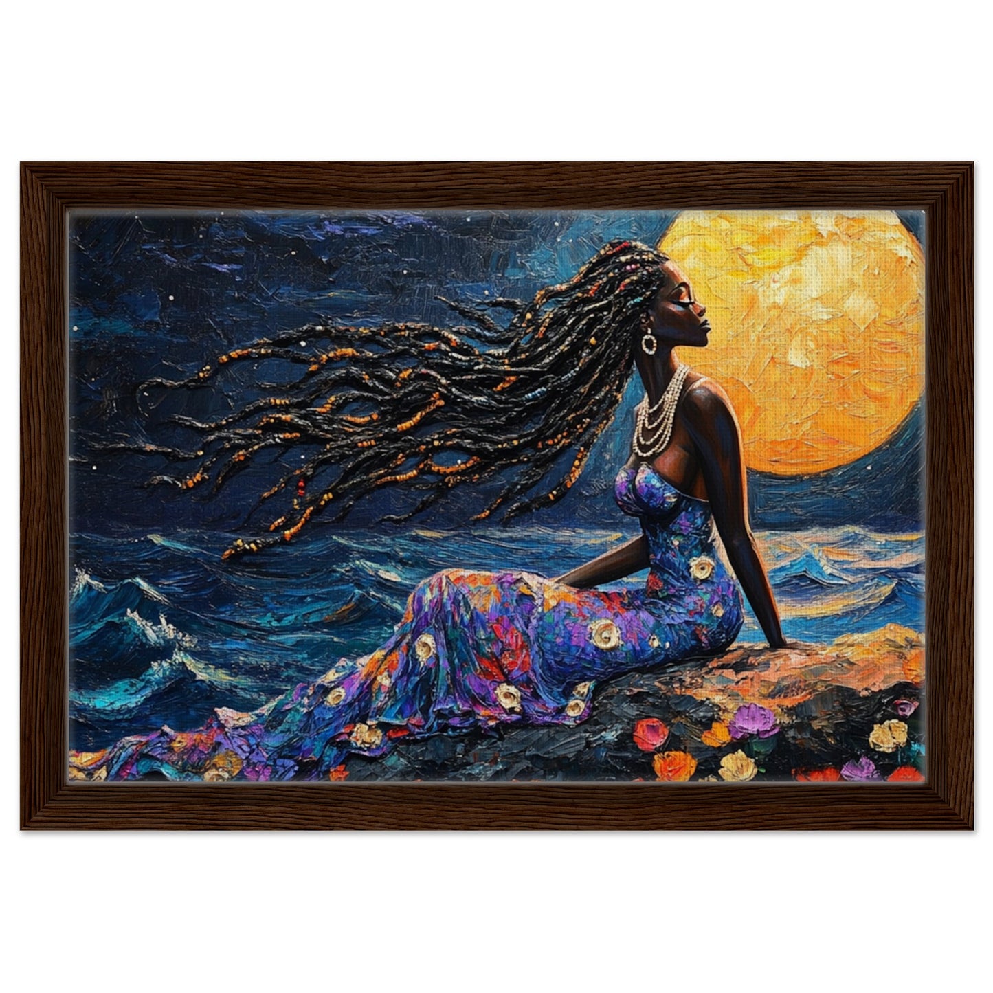 Empowering Black Woman in Moonlit Serenity - Framed Canvas Art for Cultural Pride and Home Elegance - MoomZee Artwork - Print Material